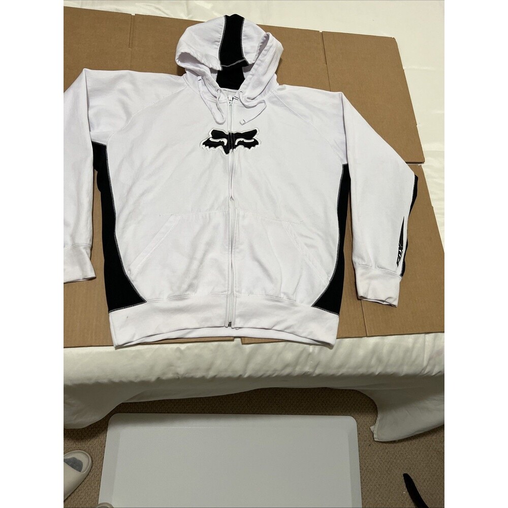 Fox Racing Full Zip Fleece Hoodie White Black Mens XXL Embroidered Fox Head